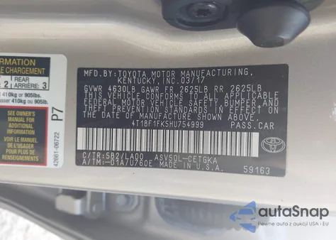 2017 Toyota Camry Se from USA, damaged, VIN 4T1BF1FK5HU75999